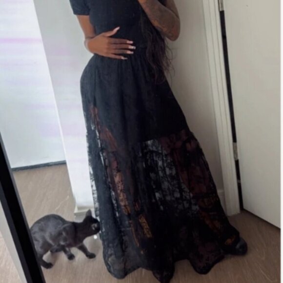 Black Casual Women's Elastic Lace Waist Ruffle Hem Maxi Skirt - Picture 7 of 7